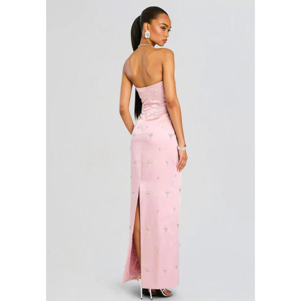 NWT $1098 Elise Blush Pink Satin Crystal Beaded Dress Gown Cocktail XS Rare - Picture 13 of 16